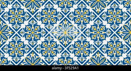 Mediterranean tile pattern with traditional Portuguese ceramic designs and blue floral mosaics. Seamless background and Spanish ornamental decor Stock Vector