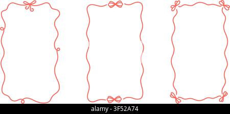 Ribbon bow doodle frame. Hand drawn vintage bow border. Doodle line wedding invite. Cute hand drawn rectangle frame. Decorative valentine card. Vector Stock Vector