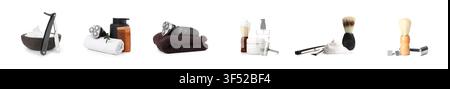 Collection of men's shaving tools and accessories on white background Stock Photo