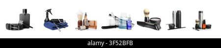 Collection of men's grooming and shaving products on white background Stock Photo