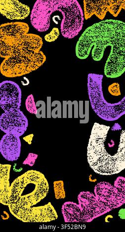 Colorful crayon story border with dark back. Hand drawn kid simple shapes. Stock Vector