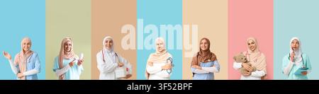 Diverse group of smiling muslim female doctors and nurses wearing hijabs in various medical roles, Each professional is shown with different medical t Stock Photo