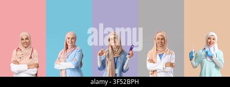Diverse group of five smiling muslim female doctors and nurses in hijabs, medical professionals in healthcare, These healthcare professionals represen Stock Photo