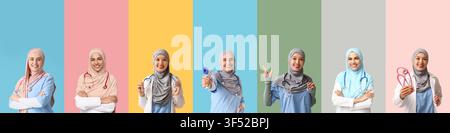 Smiling muslim female doctors and nurses in hijabs with stethoscopes and medical equipment on colorful backgrounds, These healthcare professionals are Stock Photo