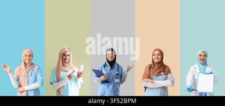 Group of five smiling muslim female doctors and nurses wearing hijabs and medical uniforms on a colorful background, They are standing and posing agai Stock Photo