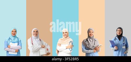Group of diverse muslim female healthcare professionals wearing hijabs and medical uniforms, standing together with various medical tools Stock Photo