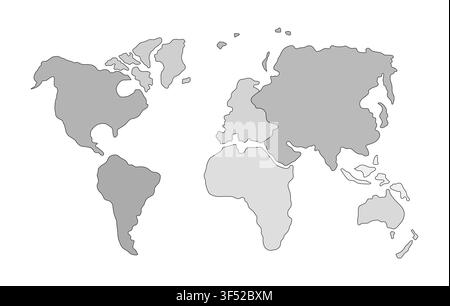 World continents map flat grayscale line illustration Stock Vector