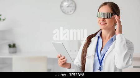 Female doctor wearing futuristic augmented reality glasses and holding a digital tablet in a modern medical office, this professional is in a modern m Stock Photo