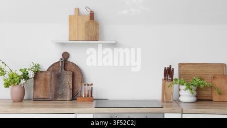Modern kitchen interior with wooden cutting boards, induction hob, and fresh green plants on a countertop Stock Photo