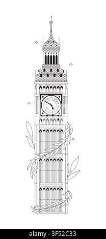 Big Ben clock tower landmark flat line illustration Stock Vector