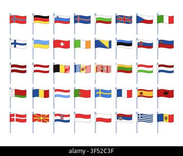 European country flags on flagpoles 2D cartoon clip art set Stock Vector