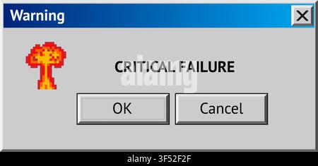 Retro computer warning popup window displaying critical failure explosion icon message Stock Vector