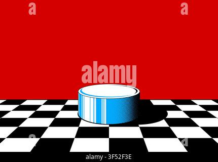 Round product pedestal on black and white checkered floor with red backdrop Stock Vector