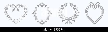 Cross stitch decorative borders collection with floral heart frames and festive holiday wreaths isolated on white. Embroidery needlework design set Stock Vector