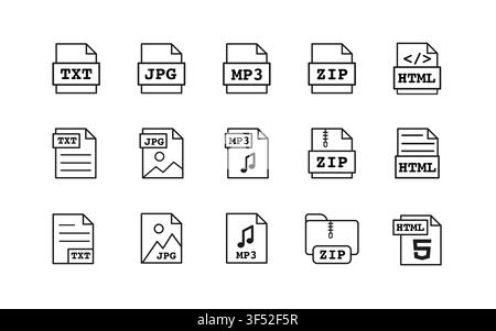 HTML, JPG, TXT, ZIP, and MP3 file extension outline icons set for web, media, text, archive, and audio content. Minimal vector line symbols for files Stock Vector