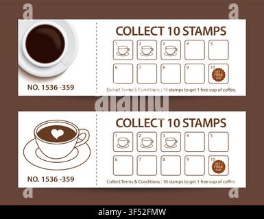 Coffee stamp loyalty card coupon voucher collect ten stamps free cup cafe reward template. Stock Vector