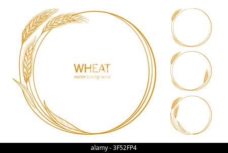 Wheat wreath and round frame icon set. Cereal grain spikelet, stalk and laurel branch symbols for bakery, bread, packaging label and badge design. Agriculture heraldry emblem. Vector illustration Stock Vector