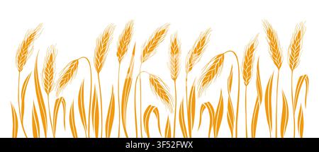 Golden wheat ear background or banner. Cereal grain spikelet and stalk pattern for bakery bread beer packaging and organic label or frame design. Agriculture harvest farm template. Vector web banner Stock Vector