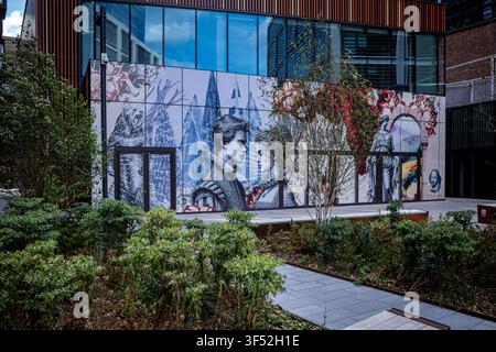 Museum of Shakespeare Shoreditch London - a mural on the wall of the soon to open Museum of Shakespeare on the site of the Curtain Theatre London. Stock Photo