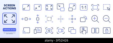Screen line icon set. Resize, zoom, fullscreen, capture, lock, select area, scalable minimal vector illustrations. Simple outline signs for display Stock Vector