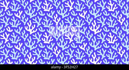 Seamless blue coral reef pattern on indigo background, vector marine cutout style texture. Playful modern coastal wallpaper, monochrome seaweed Stock Vector