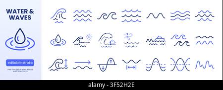 Water waves line icon set. Sea water, lake ripples, ocean storm, tsunami minimal vector illustrations. Simple outline signs for marine weather Stock Vector