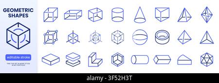 Geometry line icon set. Cube, sphere, pyramid, cylinder, cone, torus, prism, octahedron minimal vector illustrations geometric shapes. Simple outline Stock Vector