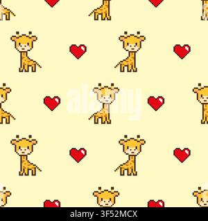 Seamless pixel art giraffe with hearts pattern on yellow background. Stock Vector