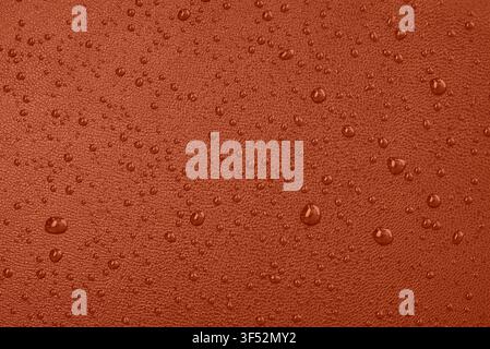 Macro leather texture with water drops, waterproof and hydrophobic surface concept in brandied melon terracotta color Stock Photo