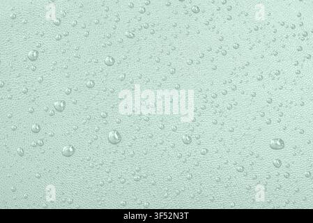 Macro leather texture with water drops, waterproof and hydrophobic surface concept, mint green background Stock Photo