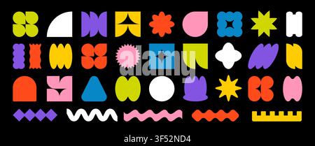 Trendy vector brutalism colorful Y2K shapes icons arcs, waves, stars, ovals, spirals, and other primitive elements. Swiss design aesthetic. Abstract g Stock Vector