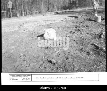 Area where Jerry Lunsford was found, 23 feet away from an explosion, looking east, recorded by the Tennessee Valley Authority during construction progress. Stock Photo