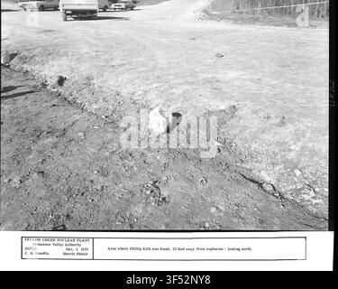 Area where Phillip Kirk was found, 23 feet away from an explosion, looking north, recorded by the Tennessee Valley Authority during construction progress. Stock Photo