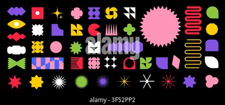 Trendy vector brutalism colorful Y2K shapes icons arcs, waves, stars, ovals, spirals, and other primitive elements. Swiss design aesthetic. Abstract g Stock Vector