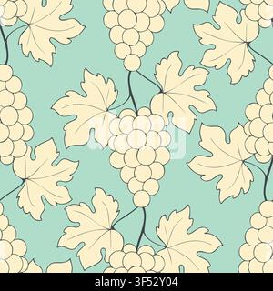 Seamless pattern with clusters of white grapes and stylized leaves on a light mint green background for wallpaper, textile design and wrapping paper. Vector illustration Stock Vector