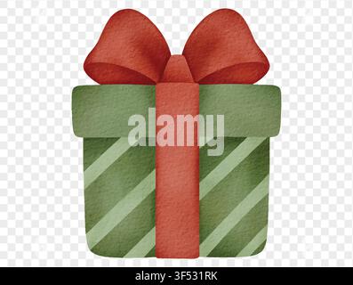 Watercolor green present gift box with red bow Christmas holiday decoration element. vector. Stock Vector