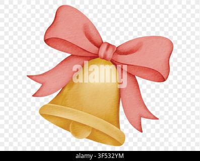 Watercolor golden Christmas bell with pink bow, festive holiday decoration illustration, isolated cute seasonal design element vector. Stock Vector