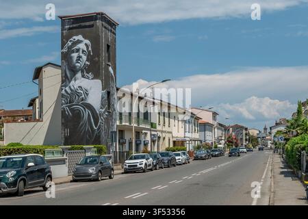 The Enel Santa Maria electrical substation in Empoli, Florence, Italy, with a large decoration inspired by the literary works of the writer Dante Stock Photo