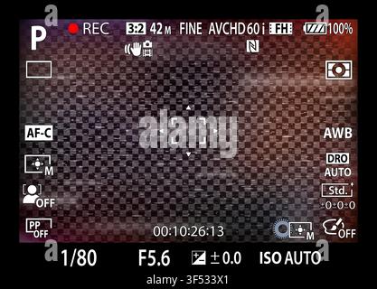 DSLR mirrorless camera rec overlay. Recorder cam display frame. Video or photo recording screen. CCTV colored vintage glitch effect filter. Viewfinder Stock Vector