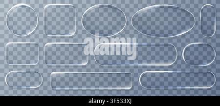 Realistic blue glassmorphism style basic IU mockup elements isolated on transparent background. Neon glass transparent frame collection. Blur grass st Stock Vector