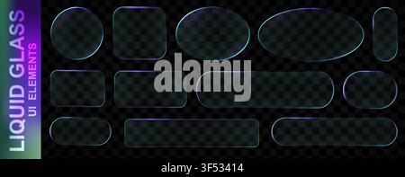 Realistic blue glassmorphism style basic IU mockup elements isolated on transparent background. Neon glass transparent frame collection. Blur grass st Stock Vector