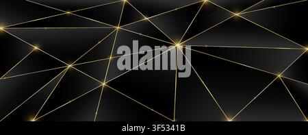Black premium background with luxury dark polygonal pattern and gold triangle lines. Low poly gradient shapes luxury golden platinum lines vector. Ric Stock Vector