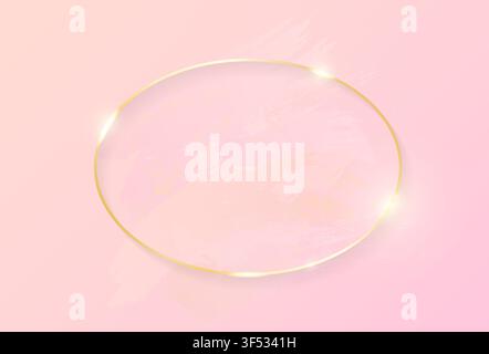 Gold shiny glowing oval frame with rose pastel brush strokes isolated on pink background. Golden luxury line border for invitation, card, sale, fashio Stock Vector