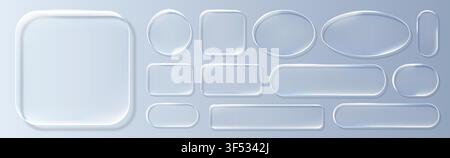 Realistic blue glassmorphism style basic IU mockup elements isolated on transparent background. Neon glass transparent frame collection. Blur grass st Stock Vector
