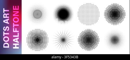 Abstract dotted round patterns pack. Round and square dots halftones retro style gradients.  Spray gradation circular effects set. Vector illustration Stock Vector