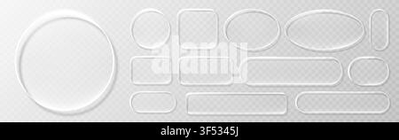 Realistic white glassmorphism style basic IU mockup elements isolated on transparent background. Neon glass transparent frame collection. Blur grass s Stock Vector