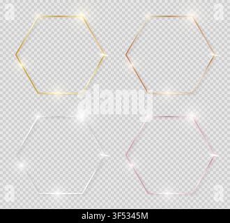 Yellow and pink gold, silver and bronze shiny glowing vintage frames with shadows pack isolated on transparent background. Golden luxury realistic hex Stock Vector