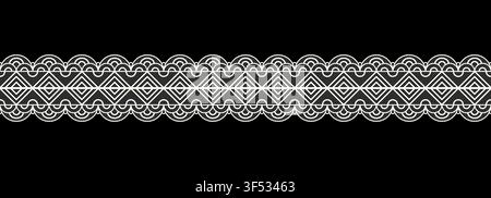 Seamless realistic textured lace border pattern isolated on black. Vintage crochet embroidery frame. Classic ornament border trim ribbon line. Vector Stock Vector