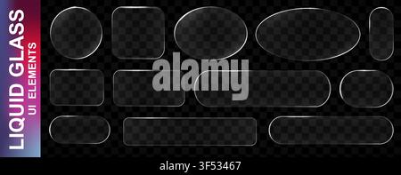 Realistic white glassmorphism style basic IU mockup elements isolated on transparent background. Neon glass transparent frame collection. Blur grass s Stock Vector