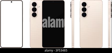 Detailed golden mobile phone with stylus mockup. Front, rear and side view isolated on transparent background. Vector PNG Stock Vector